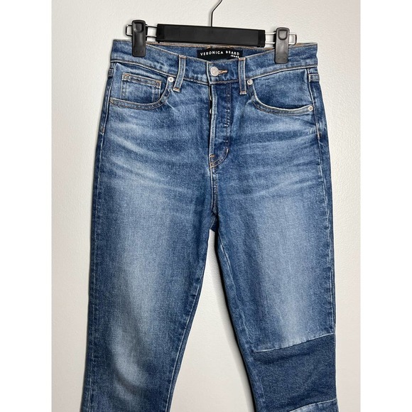 Veronica Beard Ryleigh High Rise Slim Straight Patched Jeans Blue Inseam 28” - Picture 5 of 14